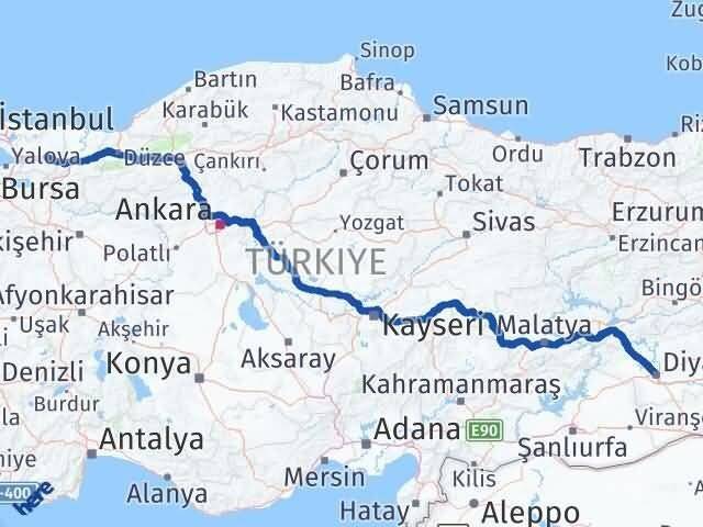 Kocaeli Bağlar Diyarbakır Arası Kaç Km - Yol Haritası
