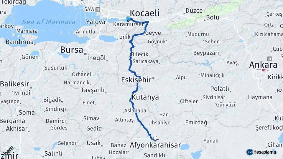 Kocaeli Başiskele Afyonkarahisar Arası Kaç Km - Yol Haritası