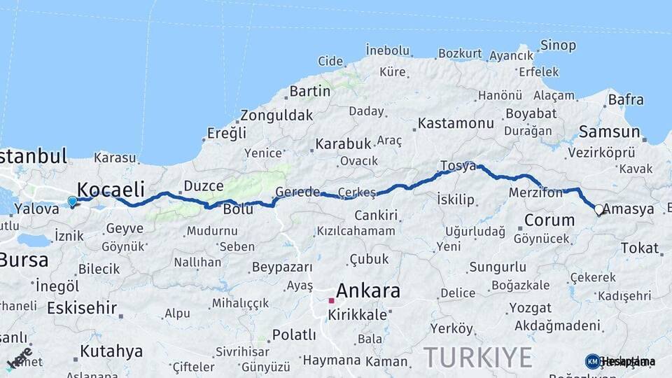 Kocaeli Başiskele Amasya Arası Kaç Km - Yol Haritası