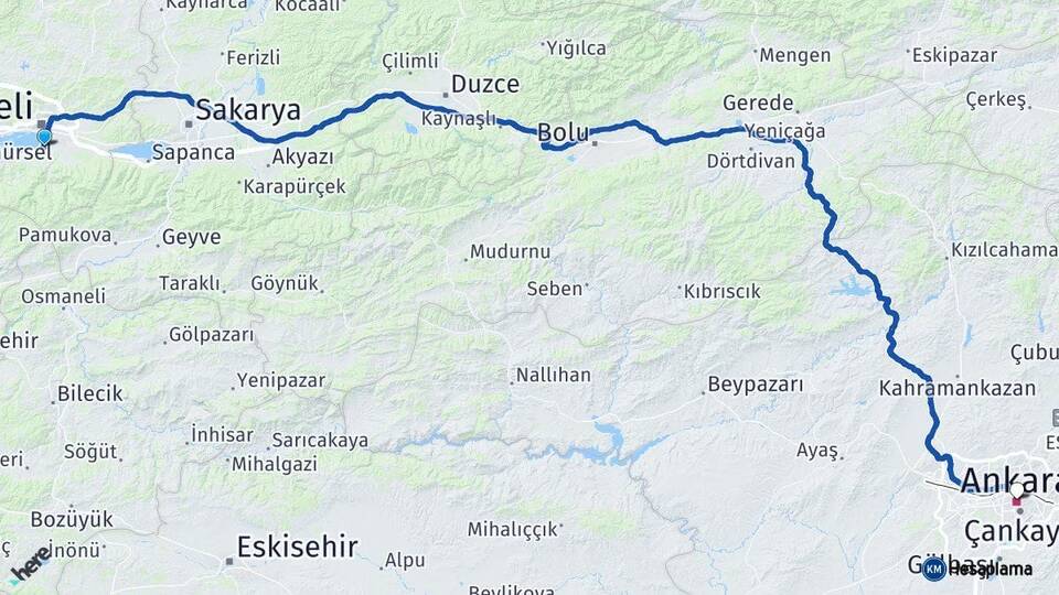 Kocaeli Başiskele Ankara Arası Kaç Km - Yol Haritası