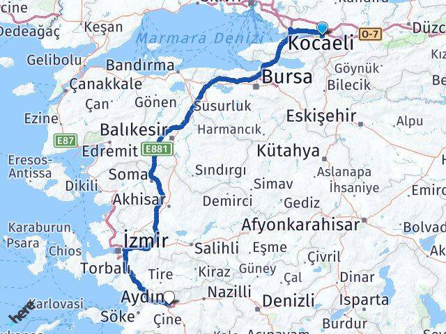 Kocaeli Başiskele Aydın Arası Kaç Km - Yol Haritası