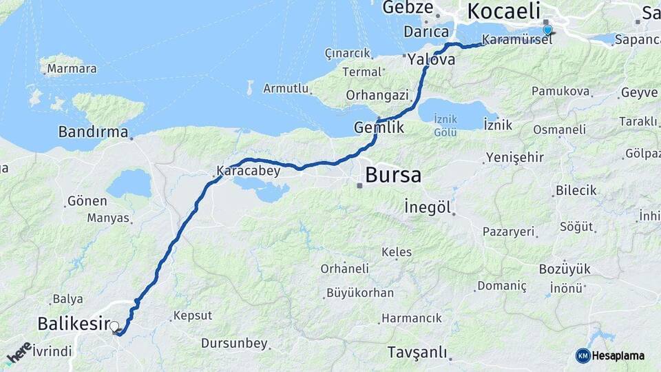 Kocaeli Başiskele Balıkesir Arası Kaç Km - Yol Haritası