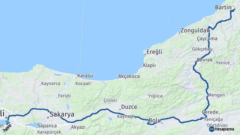 Kocaeli Başiskele Bartın Arası Kaç Km - Yol Haritası