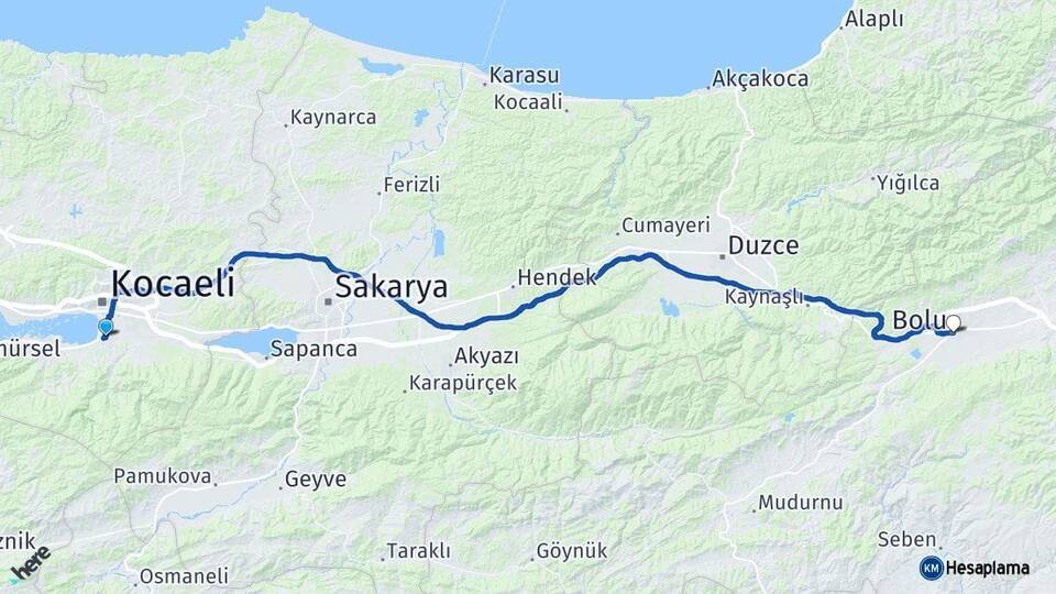 Kocaeli Başiskele Bolu Arası Kaç Km - Yol Haritası