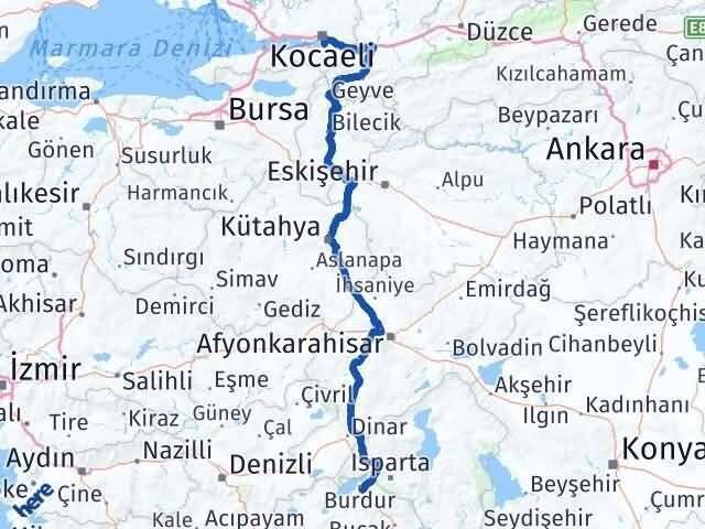 Kocaeli Başiskele Burdur Arası Kaç Km - Yol Haritası