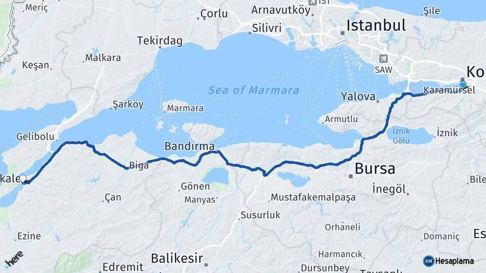 Kocaeli Başiskele Çanakkale Arası Kaç Km - Yol Haritası
