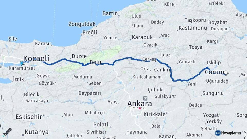 Kocaeli Başiskele Çorum Arası Kaç Km - Yol Haritası