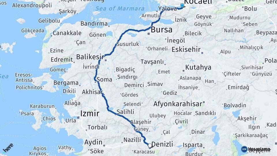 Kocaeli Başiskele Denizli Arası Kaç Km - Yol Haritası