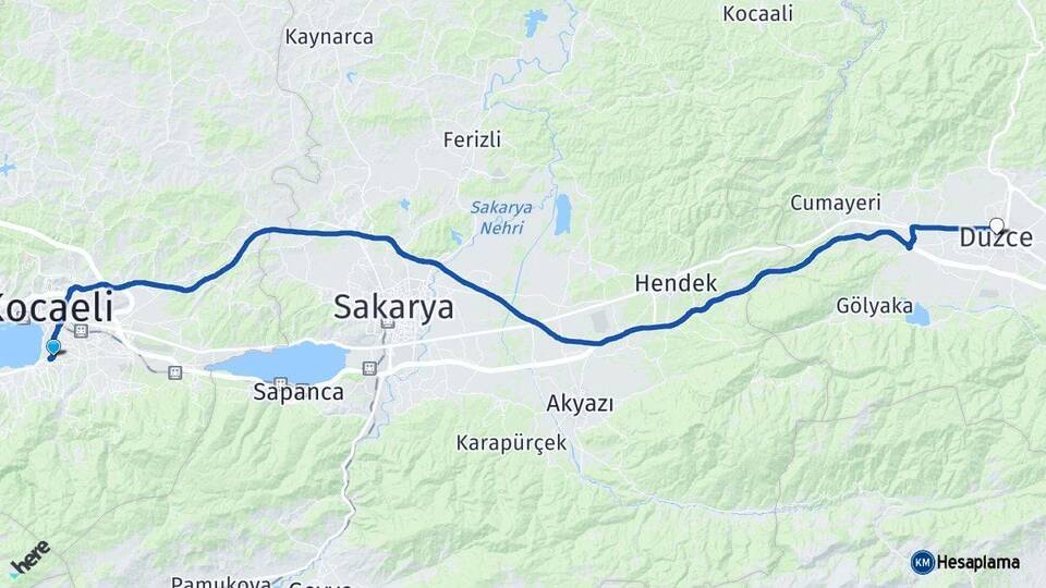 Kocaeli Başiskele Düzce Arası Kaç Km - Yol Haritası
