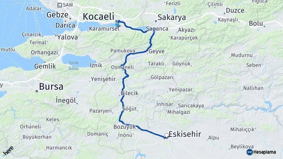 Kocaeli Başiskele Eskişehir Arası Kaç Km - Yol Haritası
