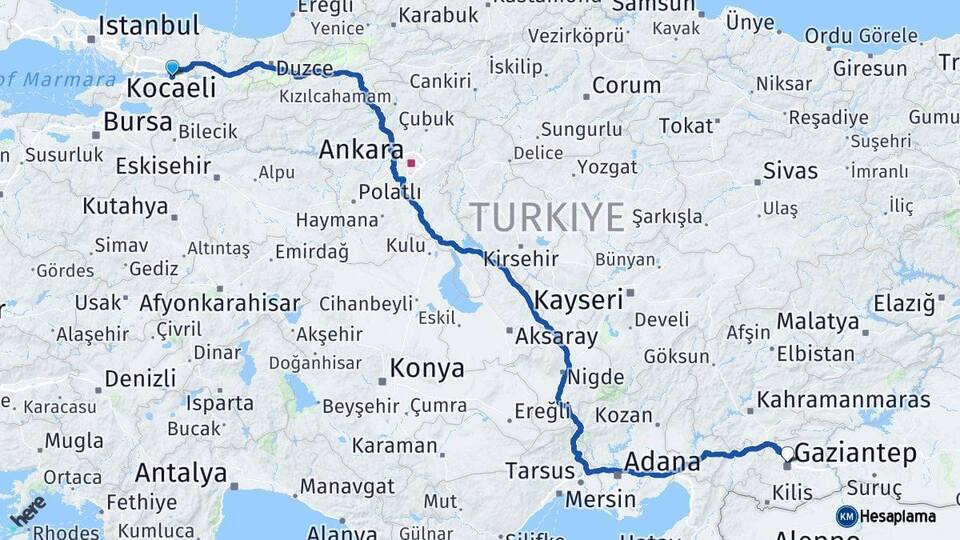 Kocaeli Başiskele Gaziantep Arası Kaç Km - Yol Haritası