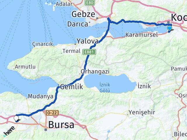 Kocaeli Başiskele Görükle Nilüfer Bursa Arası Kaç Km - Yol Haritası