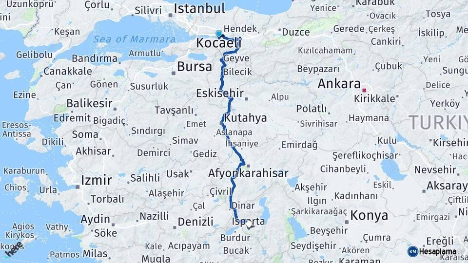 Kocaeli Başiskele Isparta Arası Kaç Km - Yol Haritası