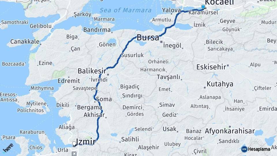 Kocaeli Başiskele İzmir Arası Kaç Km - Yol Haritası