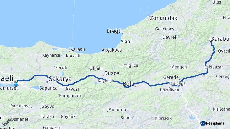 Kocaeli Başiskele Karabük Arası Kaç Km - Yol Haritası