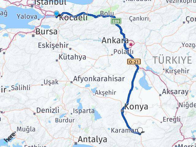 Kocaeli Başiskele Karaman Arası Kaç Km - Yol Haritası