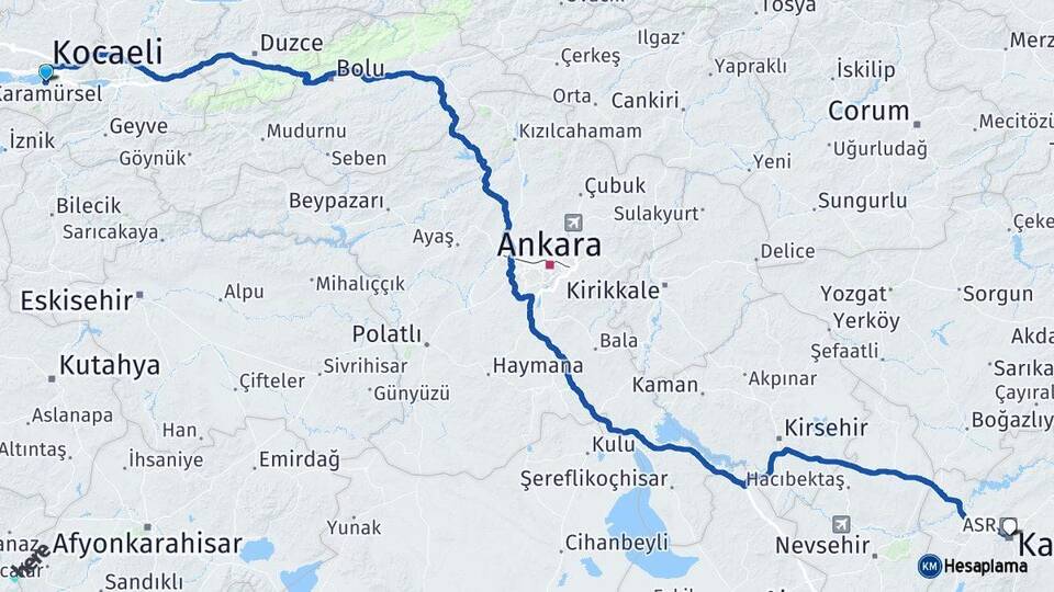 Kocaeli Başiskele Kayseri Arası Kaç Km - Yol Haritası