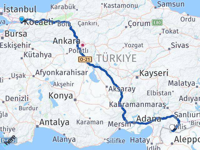 Kocaeli Başiskele Kilis Arası Kaç Km - Yol Haritası