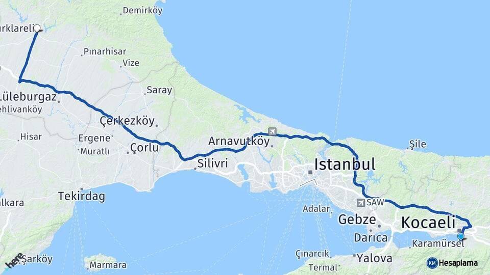 Kocaeli Başiskele Kırklareli Arası Kaç Km - Yol Haritası