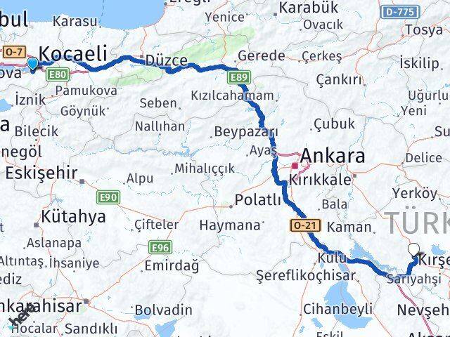 Kocaeli Başiskele Kırşehir Arası Kaç Km - Yol Haritası