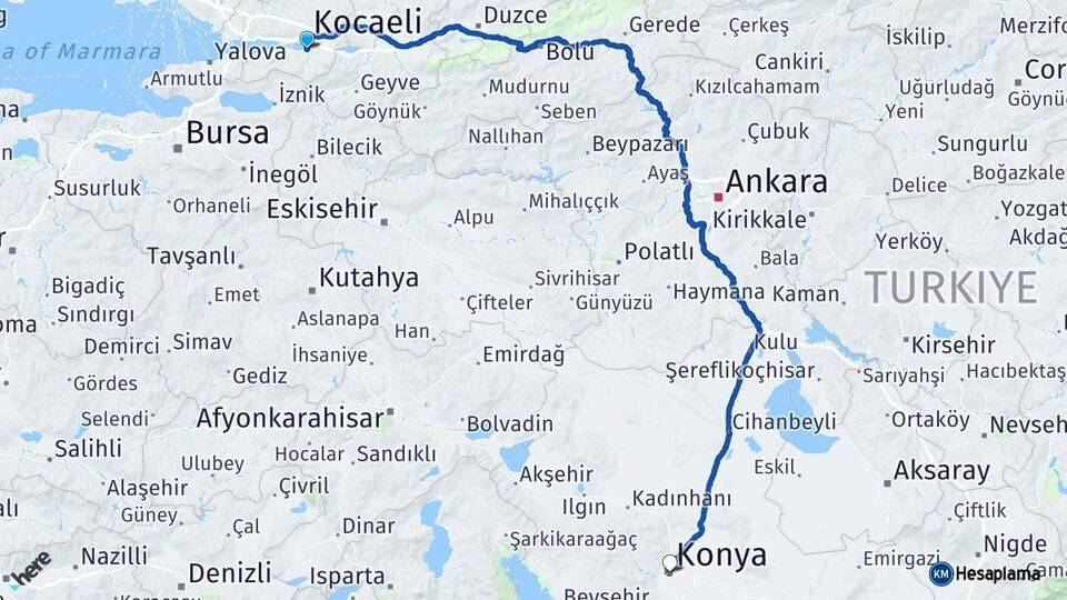 Kocaeli Başiskele Konya Arası Kaç Km - Yol Haritası