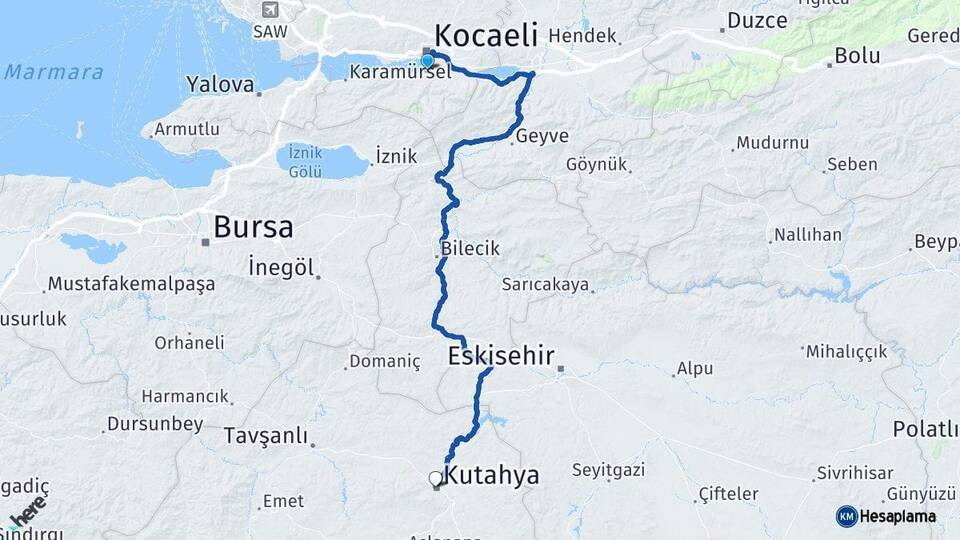 Kocaeli Başiskele Kütahya Arası Kaç Km - Yol Haritası