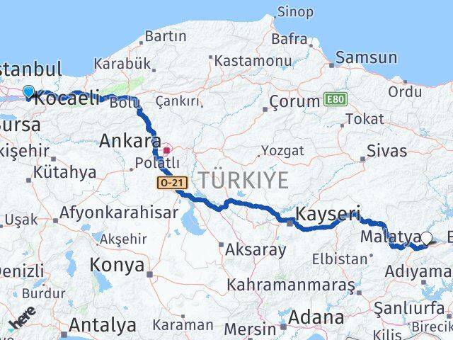 Kocaeli Başiskele Malatya Arası Kaç Km - Yol Haritası