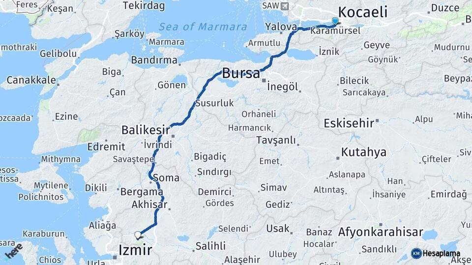 Kocaeli Başiskele Manisa Arası Kaç Km - Yol Haritası