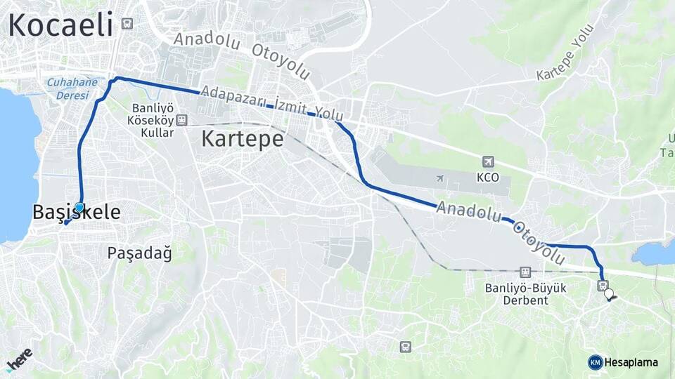 Kocaeli Başiskele Maşukiye Kartepe Arası Kaç Km - Yol Haritası