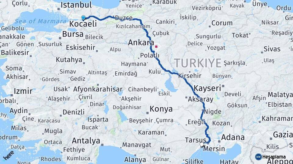 Kocaeli Başiskele Mersin Arası Kaç Km - Yol Haritası