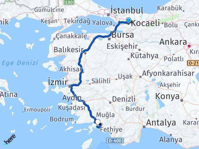 Kocaeli Başiskele Muğla Arası Kaç Km - Yol Haritası