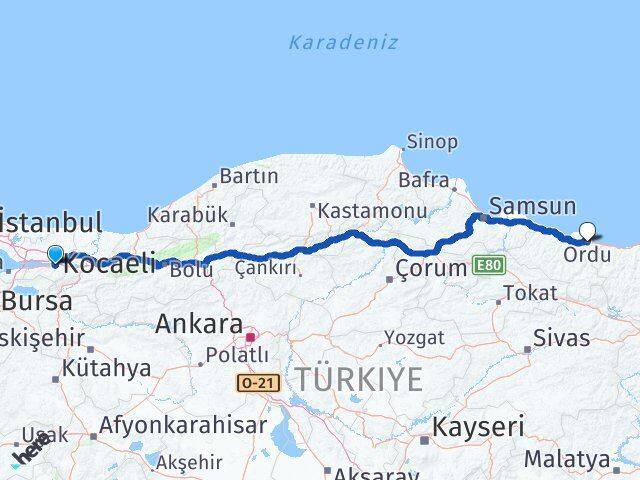 Kocaeli Başiskele Ordu Arası Kaç Km - Yol Haritası