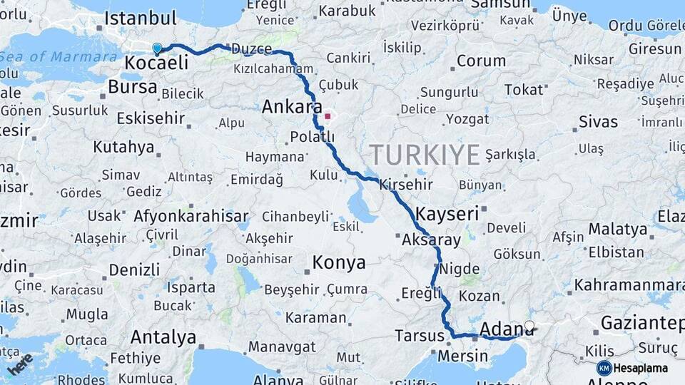 Kocaeli Başiskele Osmaniye Arası Kaç Km - Yol Haritası