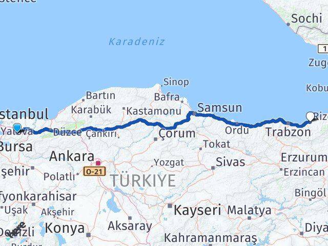 Kocaeli Başiskele Rize Arası Kaç Km - Yol Haritası