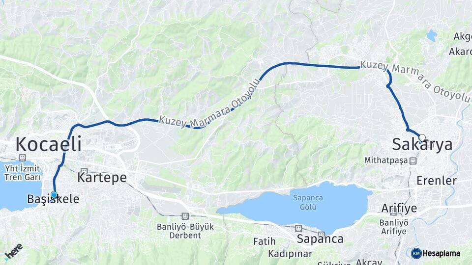 Kocaeli Başiskele Sakarya Arası Kaç Km - Yol Haritası