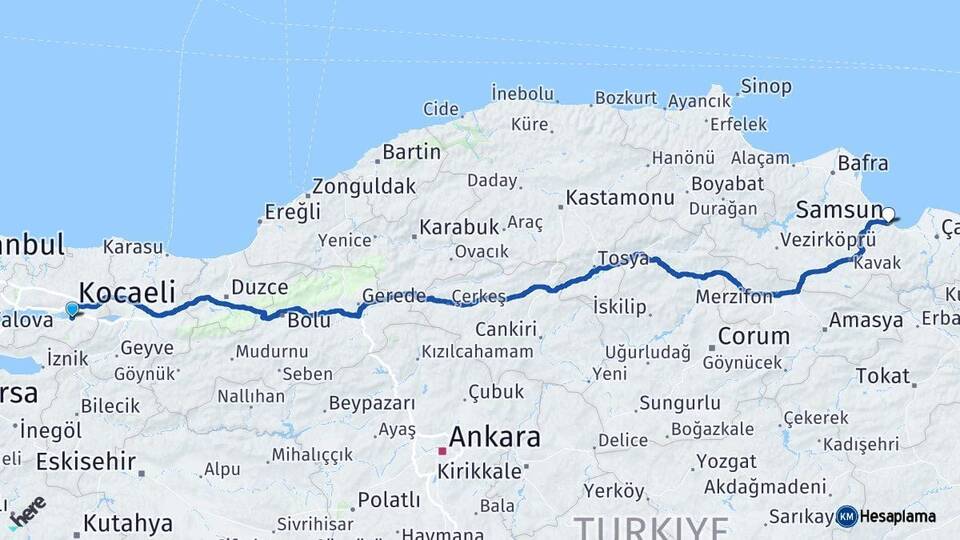 Kocaeli Başiskele Samsun Arası Kaç Km - Yol Haritası