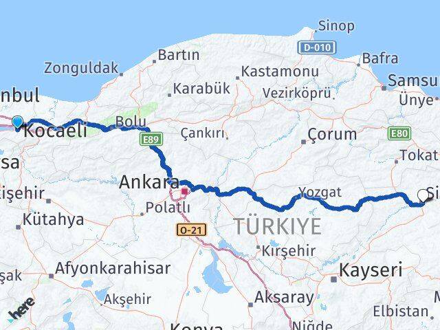 Kocaeli Başiskele Sivas Arası Kaç Km - Yol Haritası