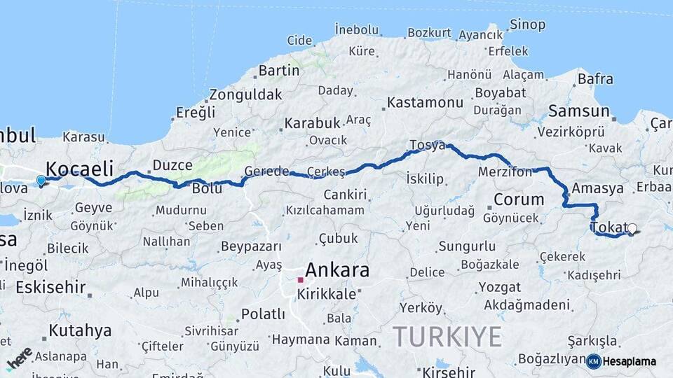 Kocaeli Başiskele Tokat Arası Kaç Km - Yol Haritası