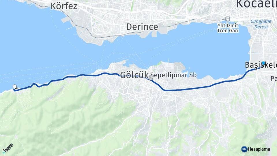 Kocaeli Başiskele Ulaşlı Yalı Gölcük Arası Kaç Km - Yol Haritası