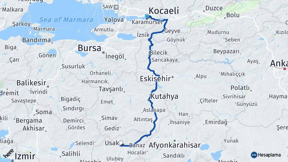 Kocaeli Başiskele Uşak Arası Kaç Km - Yol Haritası