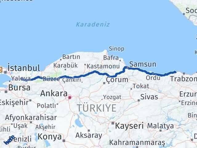 Kocaeli Beşikdüzü Trabzon Arası Kaç Km - Yol Haritası