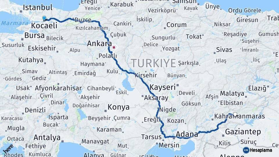 Kocaeli Besni Adıyaman Arası Kaç Km - Yol Haritası
