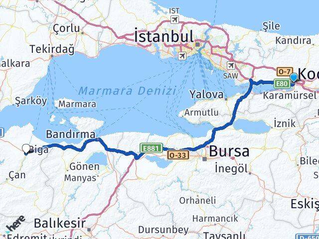Kocaeli Biga Çanakkale Arası Kaç Km - Yol Haritası
