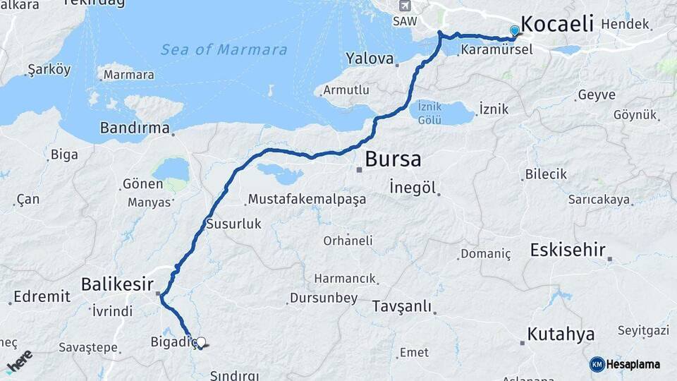 Kocaeli Bigadiç Balıkesir Arası Kaç Km - Yol Haritası