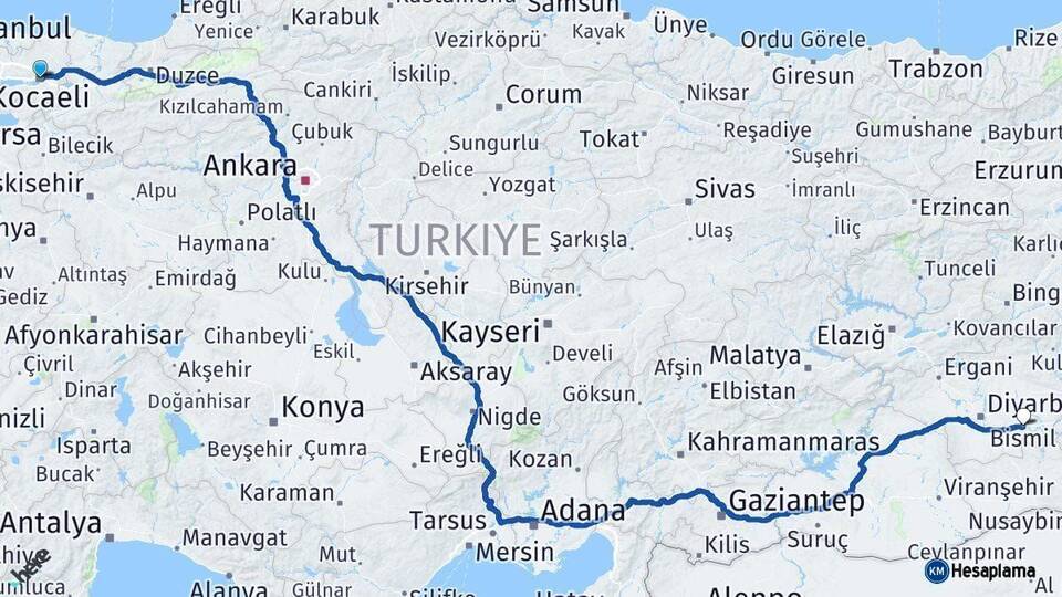 Kocaeli Bismil Diyarbakır Arası Kaç Km - Yol Haritası