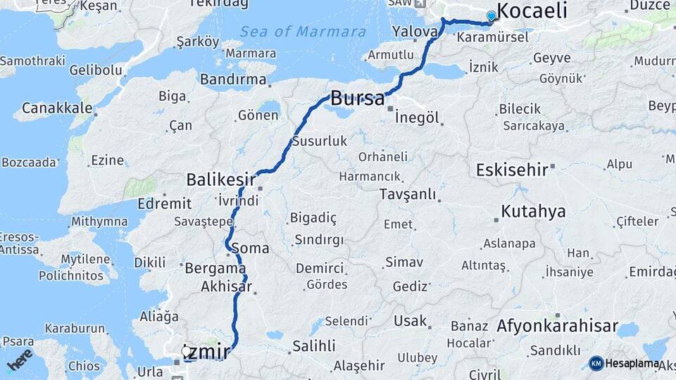 Kocaeli Bornova İzmir Arası Kaç Km - Yol Haritası