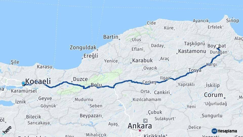 Kocaeli Boyabat Sinop Arası Kaç Km - Yol Haritası