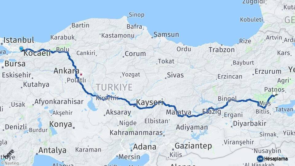 Kocaeli Bulanık Muş Arası Kaç Km - Yol Haritası