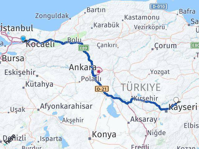 Kocaeli Bünyan Kayseri Arası Kaç Km - Yol Haritası