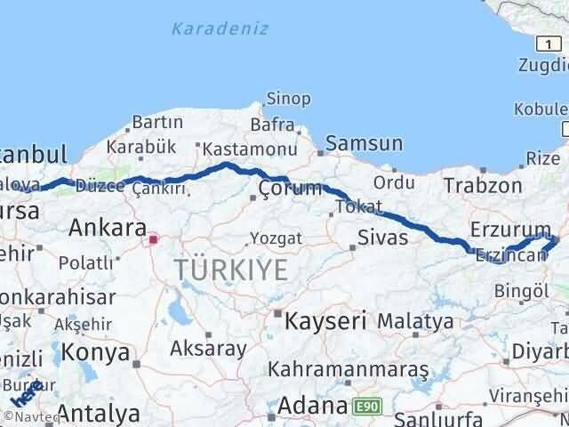 Kocaeli Çat Erzurum Arası Kaç Km - Yol Haritası